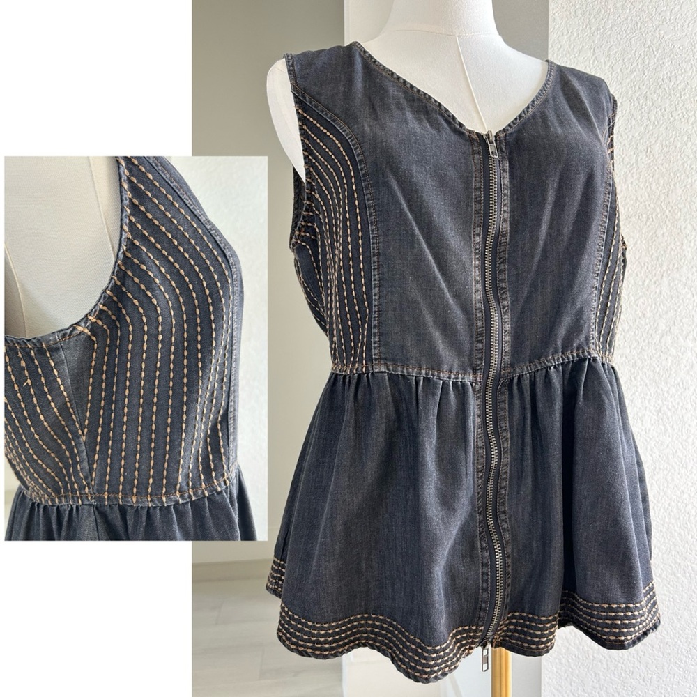 MUR MUR Embroidered Dark Blue Denim Zip Up Tank Top Womens Medium